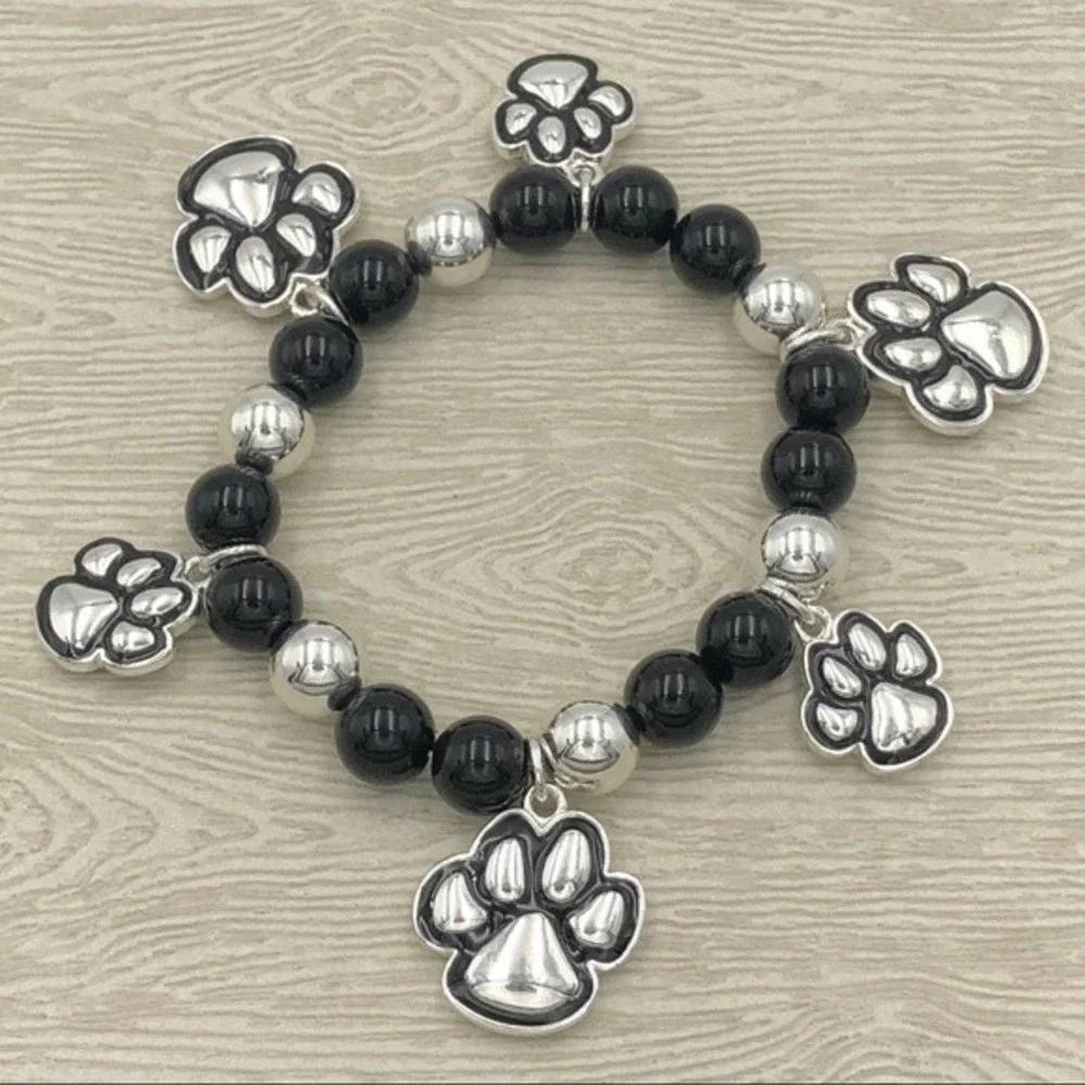 🌼 Paw Print Black Bead Silver Charm Bracelet